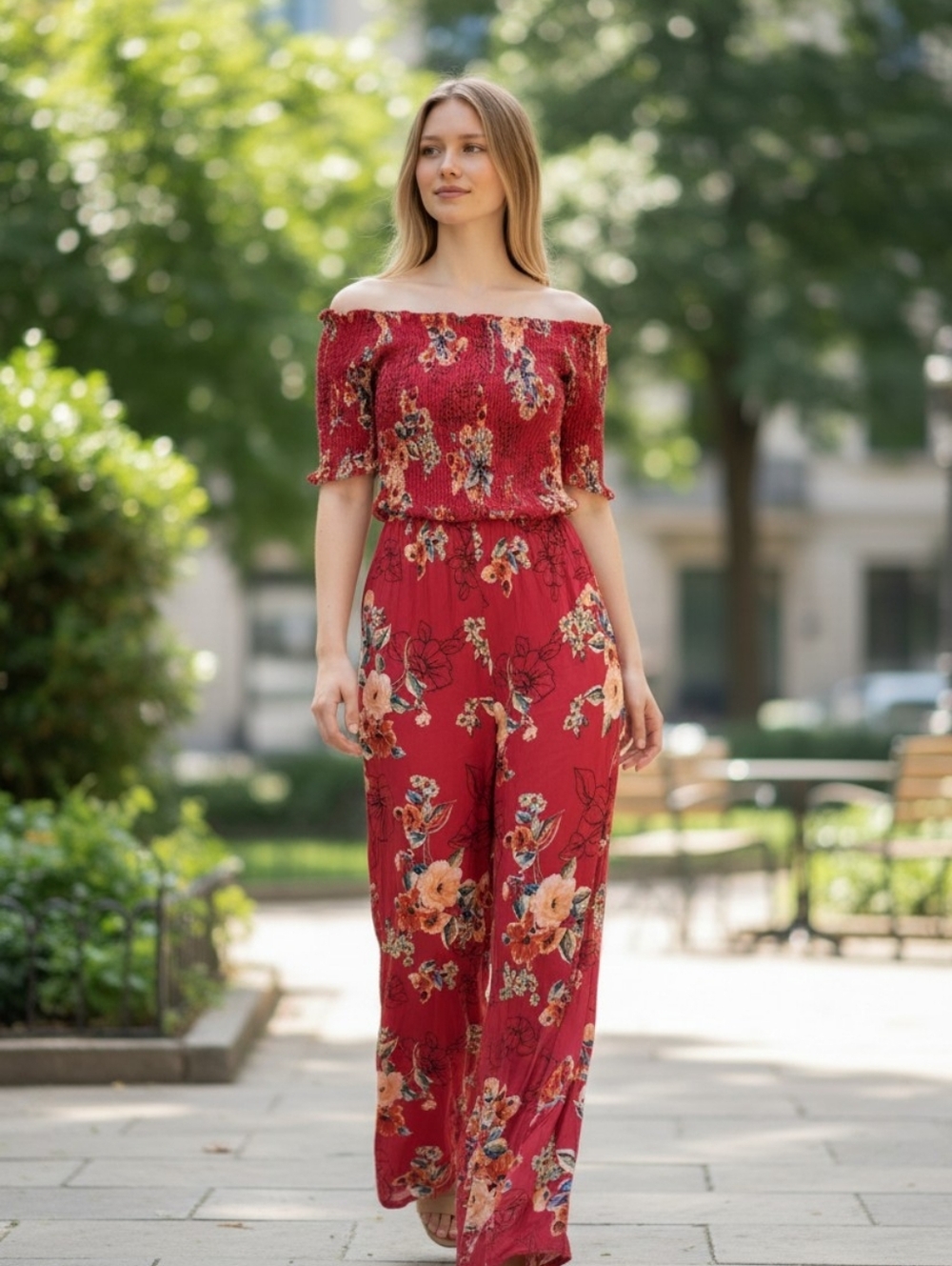 Off-Shoulder Floral Jumpsuit in Red